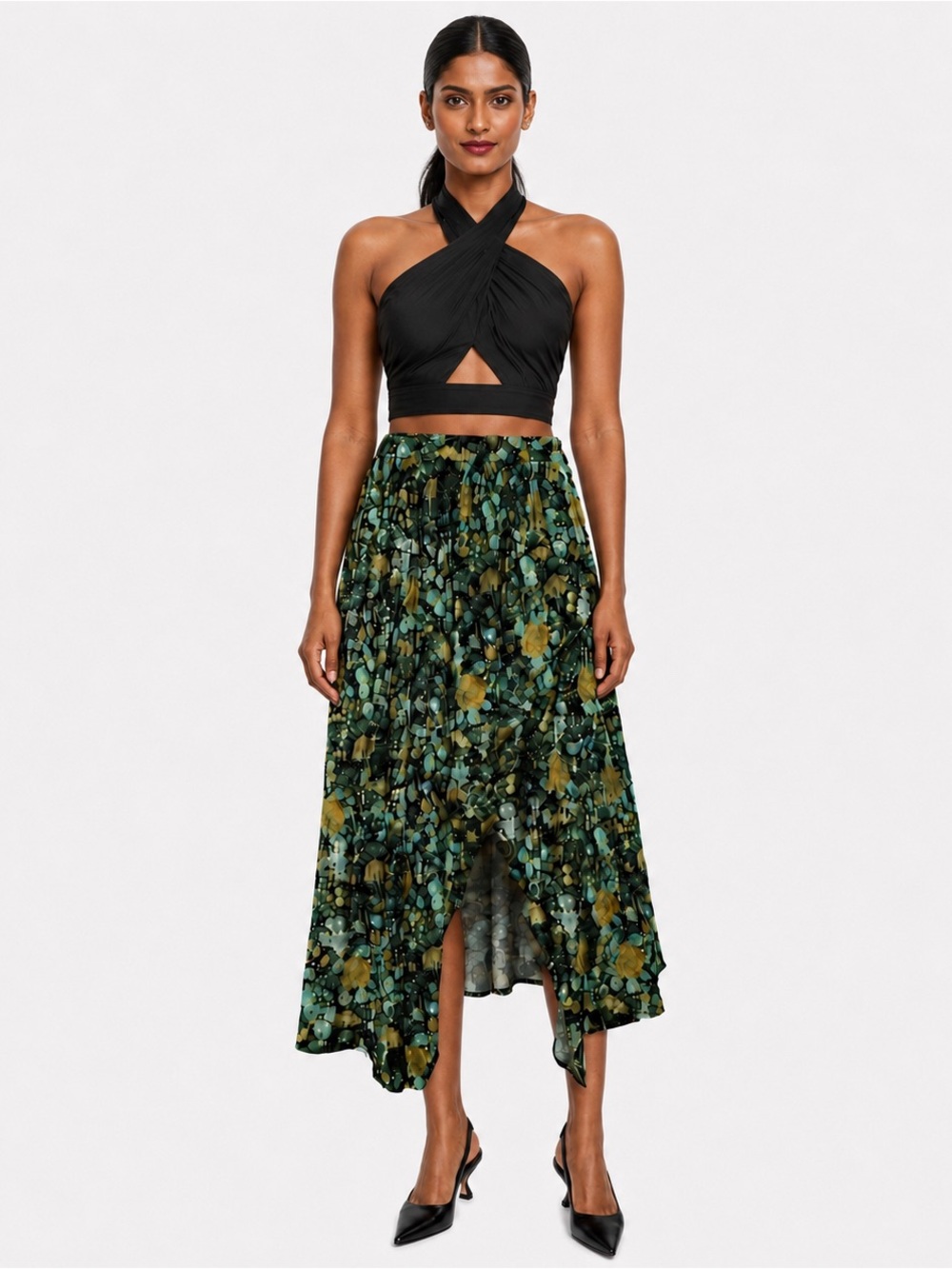 Maeve Pleated Asymmetrical Handkerchief Skirt Womens SZ M Dark Floral Garden